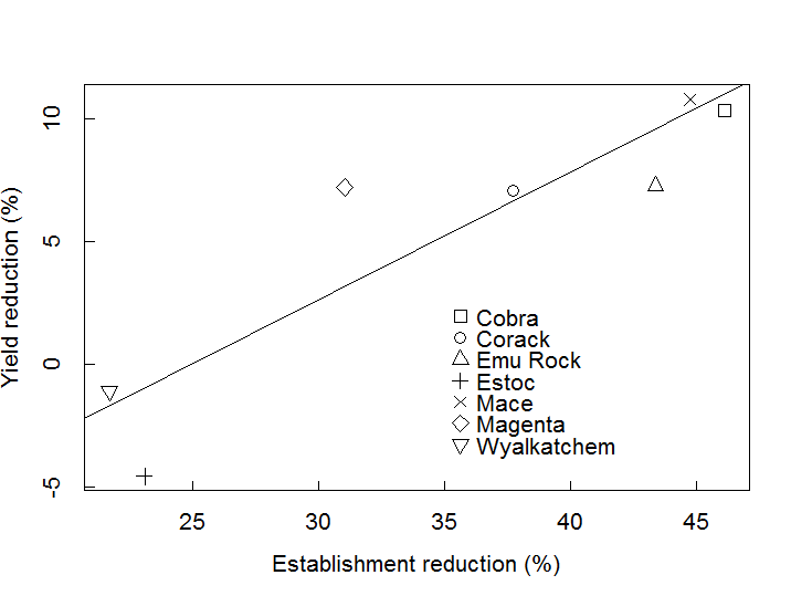 Figure 3 Relationship between reductions in crop establishment and grain yield due to deep sowing at North Miling.