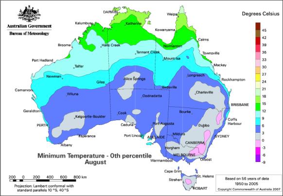 Figure 2. Australia’s lowest minimum temperatures (°C) recorded during August between 1950 and 2005. 