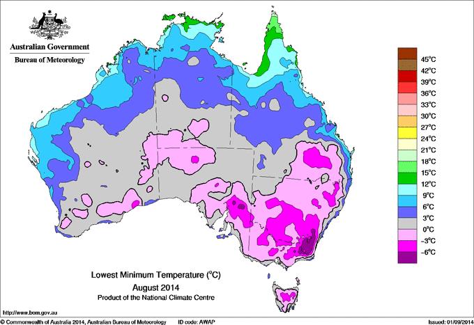 Figure 3. Australia’s lowest minimum temperature (°C) recorded during August 2014. 