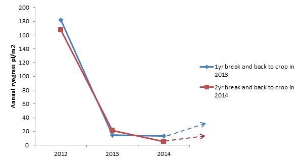 Figure 2. Change in annual ryegrass numbers (measured in June) using Balansa clover as a break crop for one year and back to crop compared to two years in the pasture break.