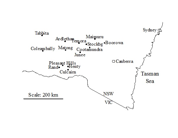 Figure 1. Sampling locations (●) for canola at commercial grain receival sites in southern New South Wales, Australia. Stockgb = Stockinbingal (NSW Government Bureau of Transport Statistics, 2011).