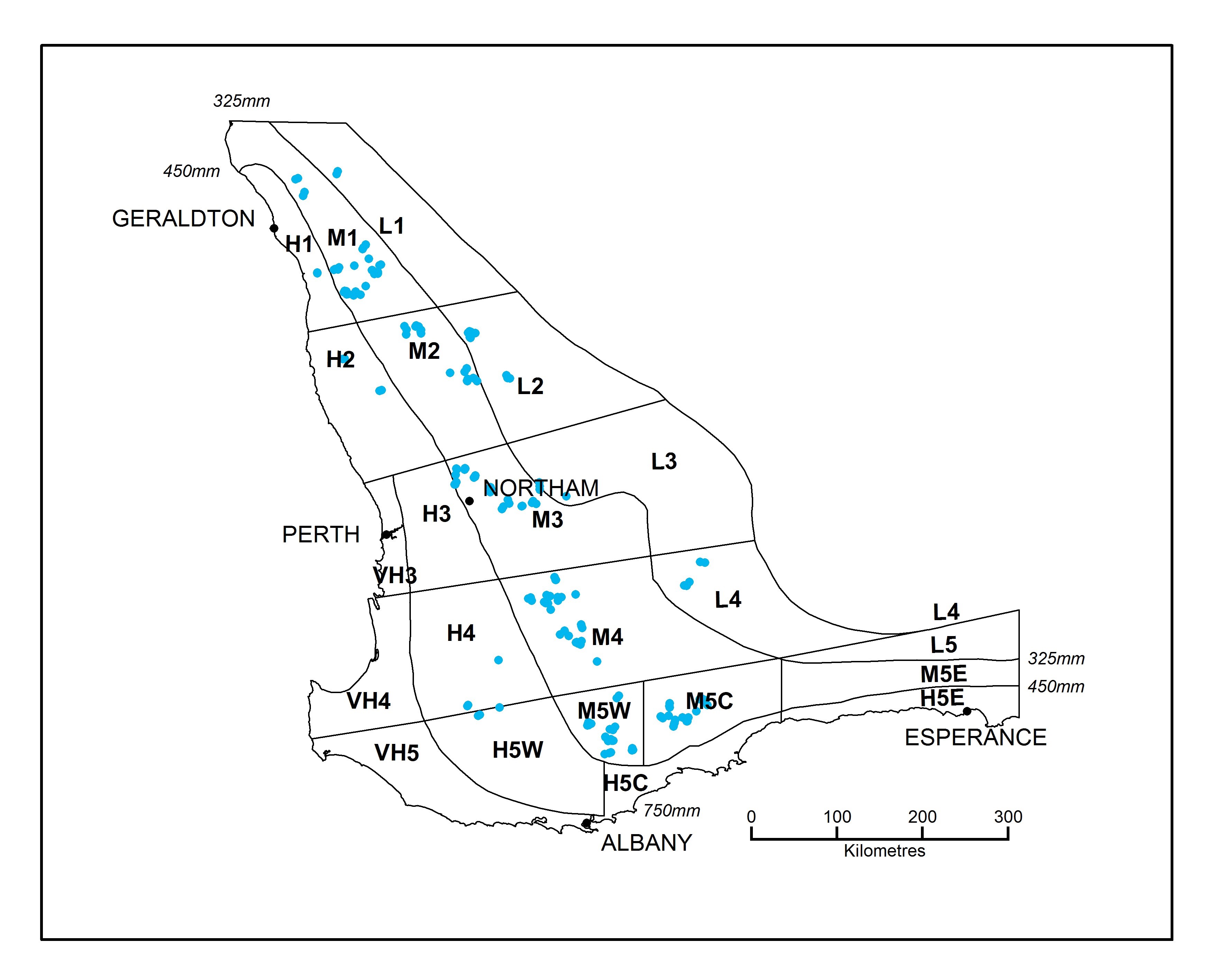 Figure 1. Paddock locations within the cropping zone of south-western Australia where the Focus Paddock survey was undertaken, 2010–14. Numbers refer to agricultural regions Northern (1 and 2), Central (3 and 4) and Southern (5).