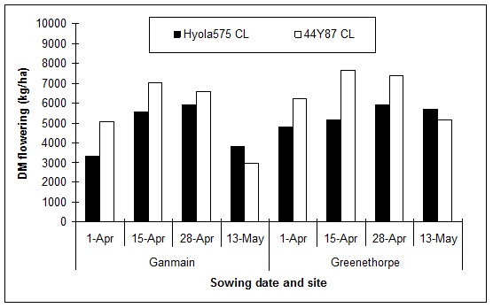 Figure 4. Dry matter at flowering of two canola varieties sown at four sowing dates at Ganmain and Greenethorpe in 2014. 