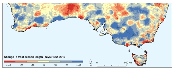 Figure 1. Trends in the frost season duration (number of days) for the period August to November (1961 to 2010) based on the BoM high quality gridded minimum temperature dataset.  Regions coloured in dark grey represent areas of increasing frost season length areas depicted in light grey indicate declining frost season length.  The legend values represent the change in mean length of the frost season in days per year.