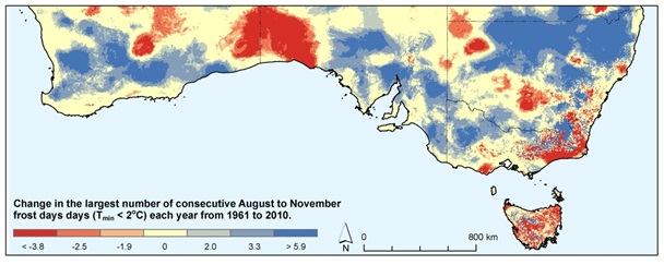 Figure 2. Trends in the number of consecutive frost events (temperatures below 2oC) for the period August to November (1961 to 2010) based on the BoM high quality gridded minimum temperature dataset.  Regions coloured in dark grey represent areas of increasing frost number and areas depicted in light grey indicate declining frost number.  The legend values represent the change in length of consecutive events per month, per year.