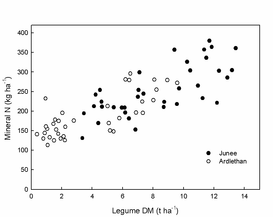 Figure 3. Relationship between concentrations of mineral N in the top 1m of soil just prior to cropping and the total shoot dry matter (DM) accumulated during the previous 3 years by pasture legumes. Regression equation: Mineral N =  14.8 x (legume DM) + 130 (R2 = 0.66).