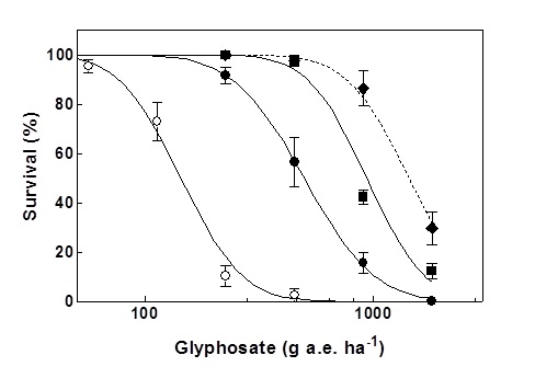 Figure 2. Glyphosate resistance mechanisms are additive. Dose response of ryegrass populations with a target site mutation, SLR 77, (●), the translocation resistance mechanism, NLR 70, (■), and the F1 cross between SLR 77 and NLR 70 (♦) compared with the susceptible population VLR1 (○).  