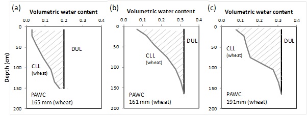 Figure 4. PAWC characterisations of the three zones of a paddock near Barmedman, NSW with CLL measured and DUL estimated; (a) zone 1, (b) zone 2, (c) zone 3. Pre-season PAW in 2013: 77, 21 and 89 mm respectively; pre-season PAW in 2014: 60, 36, 83 mm respectively for zones 1, 2 and 3.
