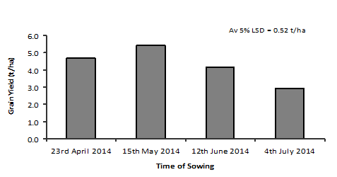 Figure 3. Mean varietal grain yield across four times of sowing - Narrabri 2014