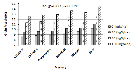 Figure 9.  Effect of N rate on grain protein (%) for selected barley varieties – Spring Ridge 2014.