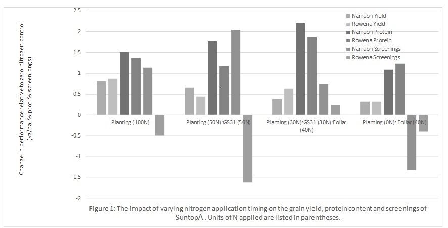Figure 1 The impact of varying nitrogen application timing on the grain yield, protein content and screenings of SuntopA. Units of N applied are listed in parentheses.