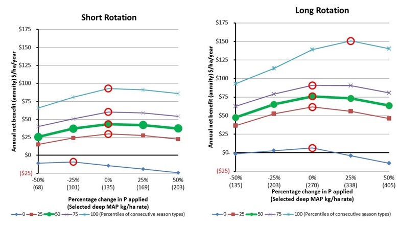 Figure 2. The real annual net benefit of deep-P (MAP) placement of a short and long rotations with respect to different seasonal outcomes: percentile = 0 is the worst-case scenario, 100 is the best case, and 50 is the expected outcome. The red circles indicate the optimal application rate for the given seasons.