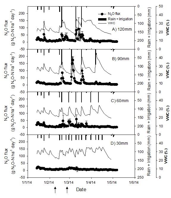Figure4. Seasonal pattern of N2O emissions and volumetric water content (0-10 cm) in sorghum in response to different irrigation treatments; N2O fluxes and water content are expressed as average from three cores. Arrows on x-axis show urea application date, applied to all treatments (Jamali et al 2015b)