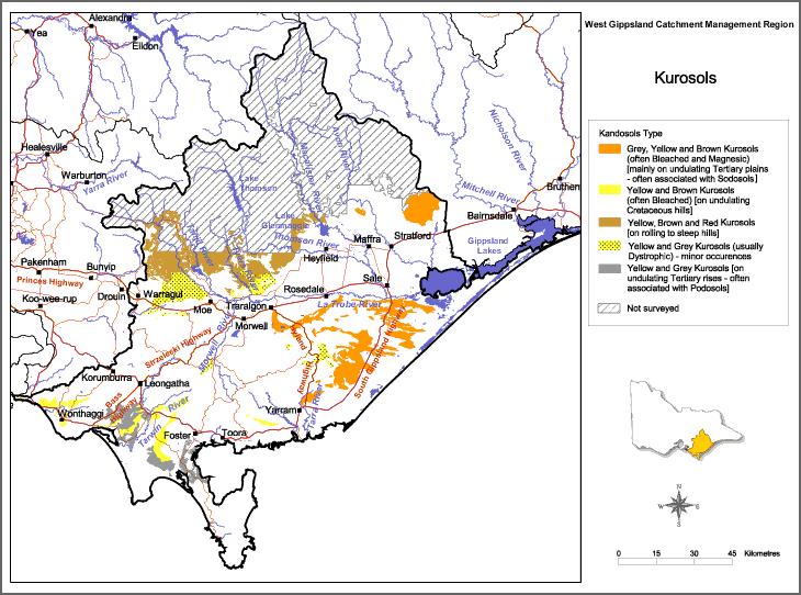 Figure 4. A broad map of the location of Kurosol soils in West Gippsland from Victorian Resources Online.