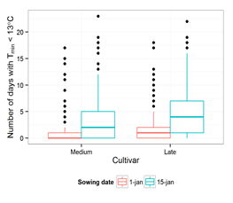 Figure 9. (a) Risks of greater than 1 or 5 days with Tmin < 13°C for any time of year in Moree with vertical lines indicating the median anthesis date of a medium or late maturing cultivar sown 15 Jan. (b) The number of days with Tmin < 13°C for a medium or late cultivar sown 1 Jan or 15 Jan.