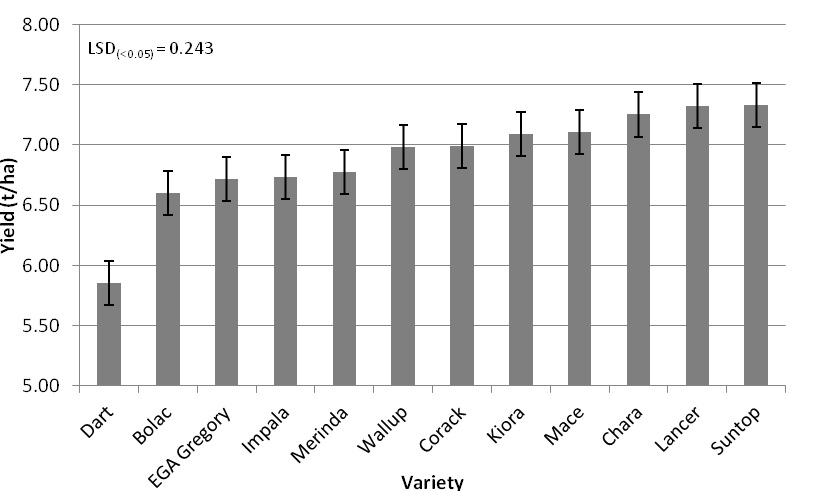 Figure 2. Wheat grain yield of varieties averaged across all nitrogen and plant density treatments at Coleambally, 2014.