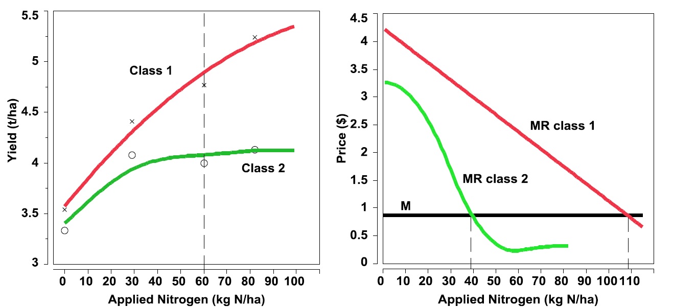 Figure 5. (a) Yield response to applied nitrogen fertiliser from the trial in Figure 2. Uniform field = 60 kg N/ha. (b) MC=MR analysis shows Class 1 optimum = 109kg N/ha; Class 2 optimum = 39 kg N/ha.