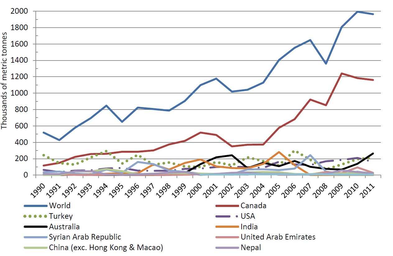 Figure 3: World exports of lentils (1990 – 2011, Source: FAOStat).