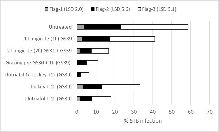 Figure 4: Influence of early applications of seed treatment, in-furrow flutriafol, grazing and GS31 fungicide on Zymoseptoria tritici control in early sown wheat (April 11) – cv Revenue, Inverleigh, Victoria 2014. Notes: Flutriafol in furrow applied at high rate (200g ai/ha).