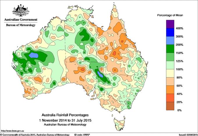 Figure 1: Rainfall relative to mean for Australia from November 2014 to end July 2015. 