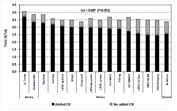 Figure 2. Impact of crown rot on the yield of two barley, 13 bread wheat and one durum entry averaged across 12 trial sites in 2015