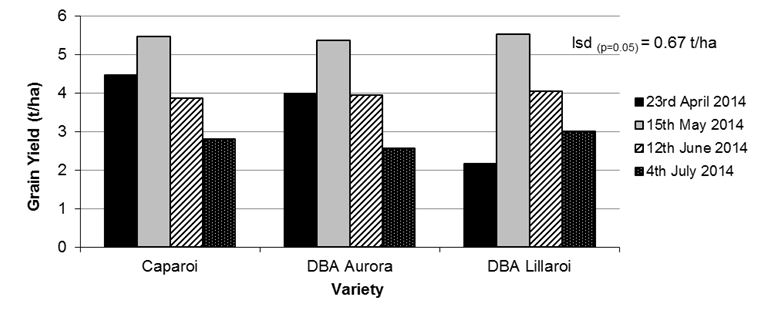 Figure 3.	Grain yield response for three durum varieties across four sowing dates – Narrabri 2014