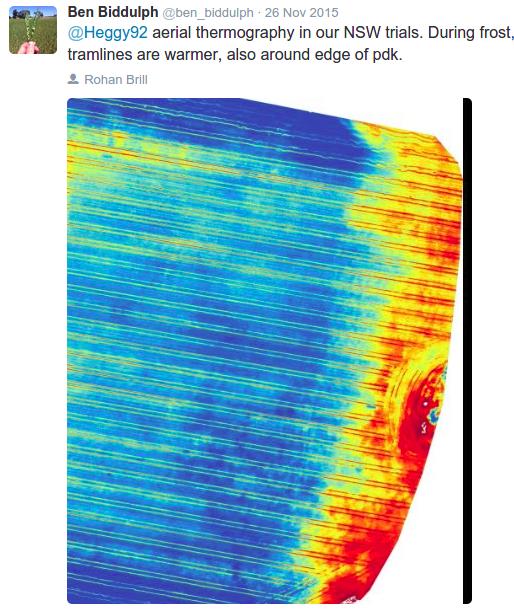 A screenshot of a twitter post that includes a aerial image of thermography