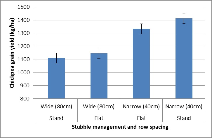 Figure 1. Effect of row spacing and wheat stubble management on chickpea grain yield (kg/ha)