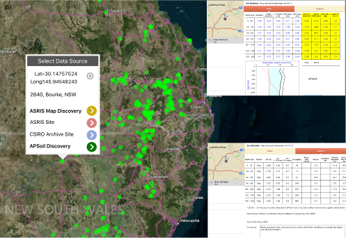 Figure 3. Access to geo-referenced soil PAWC characterisations of the APSoil database via (top) Google Earth and (bottom) SoilMapp (APSoil discovery screens as inserts).