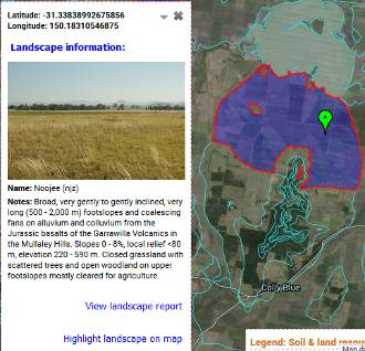 Figure 12. Example of soil-landscape mapping available for parts of NSW through ESpade showing the location of the characterisation of Figure 10a. Mapping unit description is available through a pdf report.