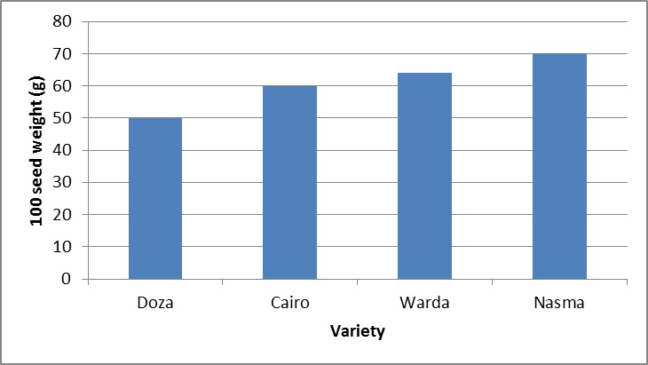 Figure 1. Average 100 seed weight (g) for selected faba bean varieties (Varieties Doza, Cairo, Warda and Nasma shown in the graph above are protected under the Plant Breeders Rights Act 1994)
