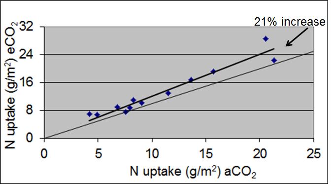 Figure 5. N uptake increase of 21 per cent due to elevated CO2 (eCO2) versus ambient CO2 (aCO2).