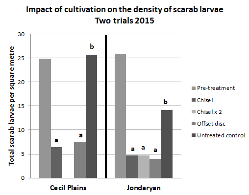 Bar chart showing impact of cultivation on the density of scarab larvae.