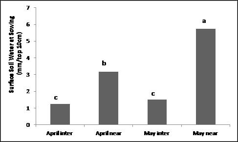 Figure 1: Surface soil water (mm/10cm depth) at sowing on April 27 and May 21 for plots sown near-row (near) and inter-row (inter). A column annotated with a different letter has a significantly different amount of surface soil water (P=0.05).