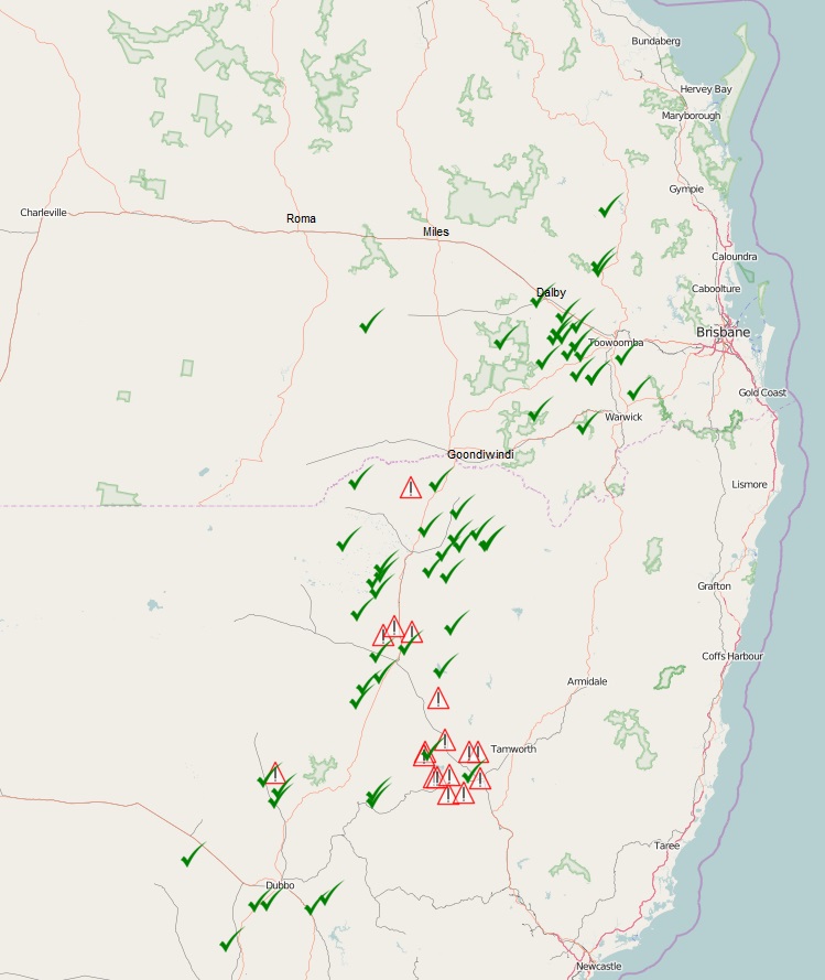 Figure 1. Map showing the location of tested populations. Green tick = susceptible, Red triangle = resistant.