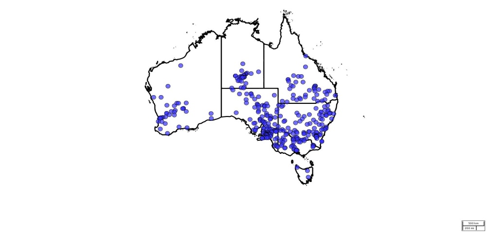 A map of Australia mapping data points that show distribution of prickly paddy melon.