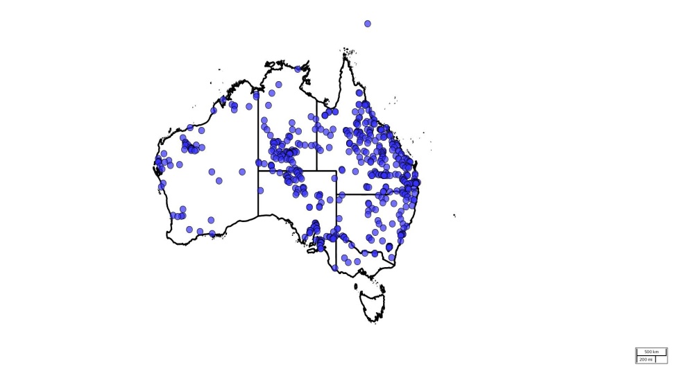 A Map of Australia mapping data points that show distribution of Feathertop Rhodes grass.