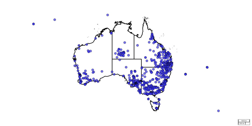 A map of Australia mapping data points that show distribution of fleabane.