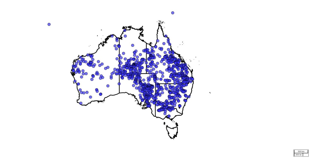 A map of Australia mapping data points that show distribution of windmill grass.