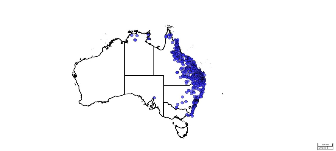 Map of Australia mapping data points that show distribution of hair panic grass.