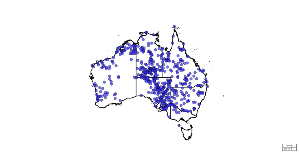 A map of Australia mapping data points that show distribution of camel melon.