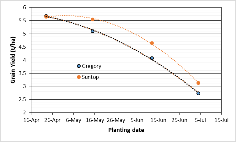 Figure 2. Yield of wheat at four sowing times, Narrabri 2014 (Graham et al 2015)