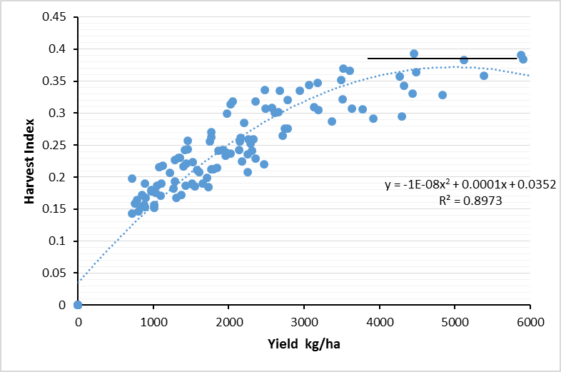 Figure 2. Harvest Index of wheat at Dalby (100 years of Apsim simulated yields)