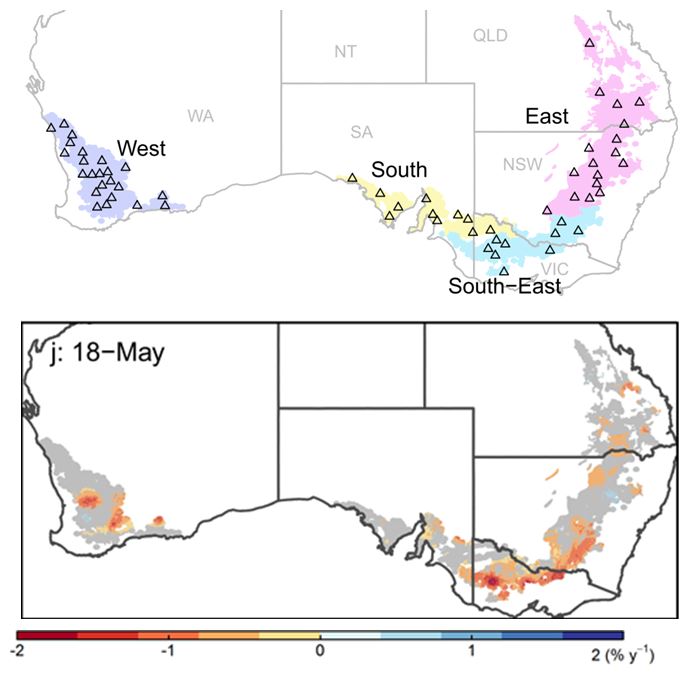 Heat map of Australia showing regions for which climate data were analysed for frequency and severity of frost