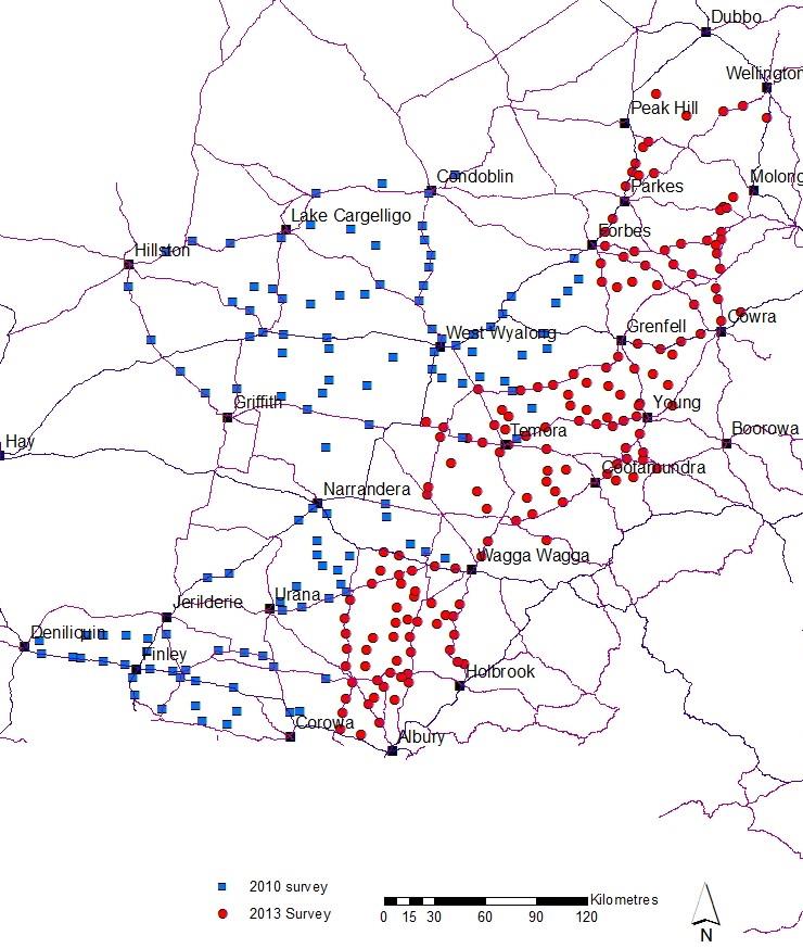 Scatter map showing showing paddocks surveyed in NSW