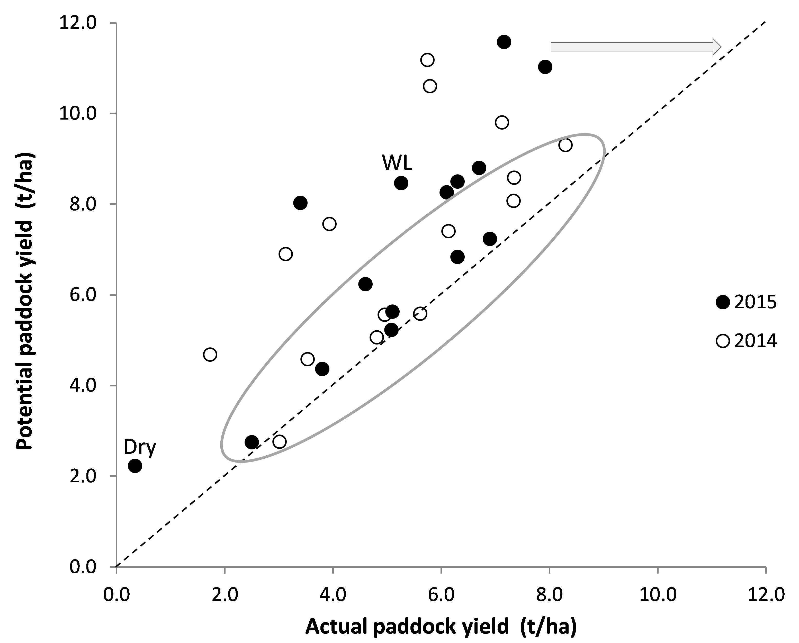 Scatter chart showing potential yield against the actual yield of wheat