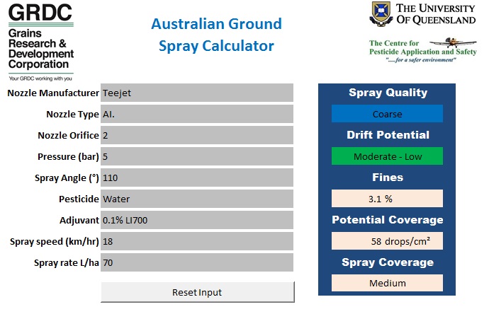 Example of a web based calculator for agricultural spray performance