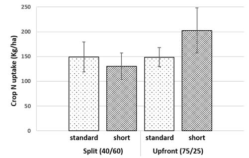 Figure 1: The interaction between irrigation (standard and reduced irrigation deficit) and N (‘split’ and ‘upfront’ management) treatments in maize. The error bars represent the standard deviation. 