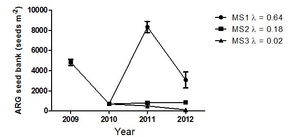Figure 1: Effect of different long-term weed management strategies on pre-sowing (March) ARG seed bank at Roseworthy from 2009 to 2012 under three different management strategies (MS). 