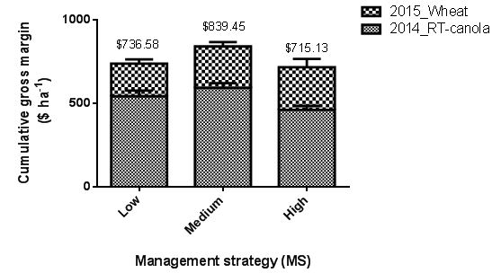 Figure 4: Effect of management strategy (MS1-3) on cumulative gross margin for the two year rotation (RT-canola/wheat) at Frances. Gross margin estimates are based on crop yield, farm expenses and historical commodity prices averaged from 2011 to 2015 (Source: Rural Solutions 2014 & 2015 Farm Gross Margin & Enterprising Planning Guide). Vertical bars represent SE.